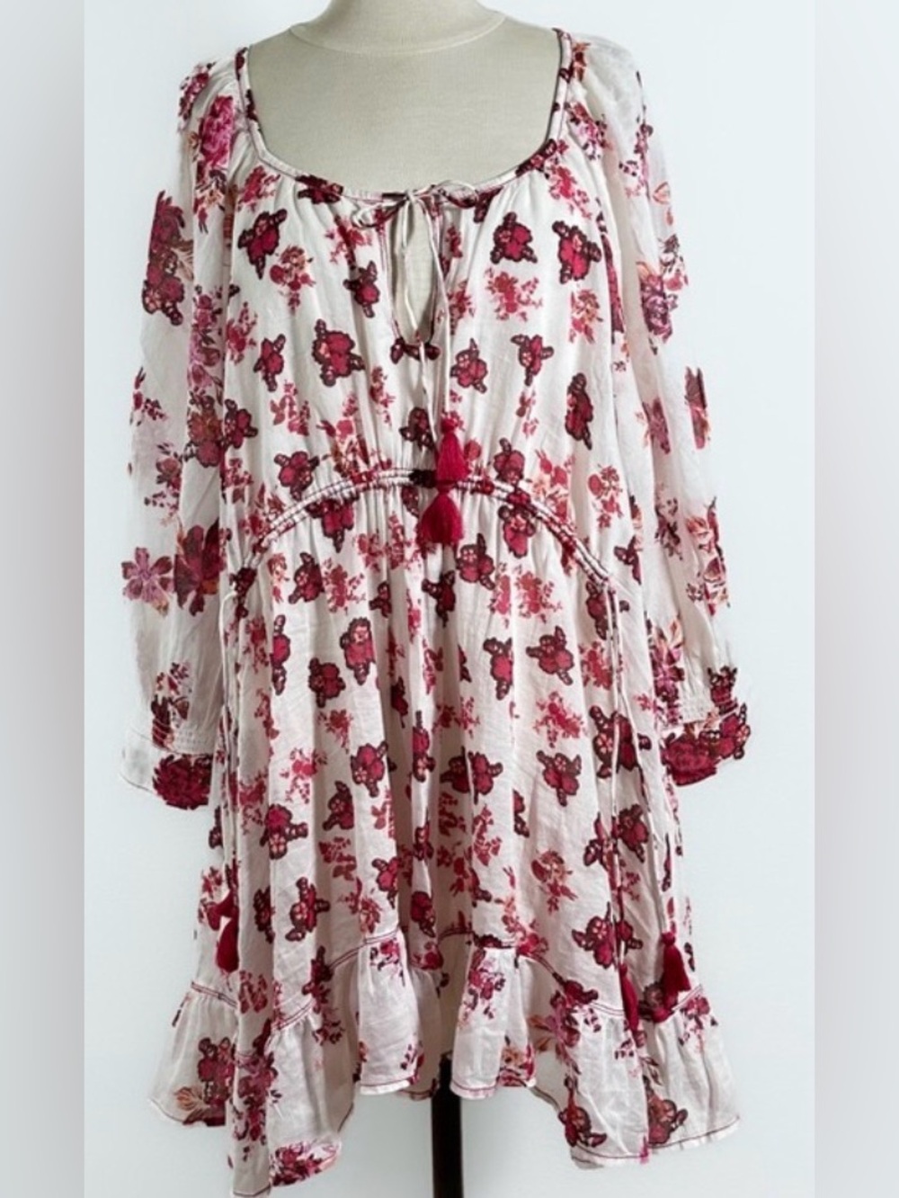 Free People White Mini Dress with Pink Floral Print